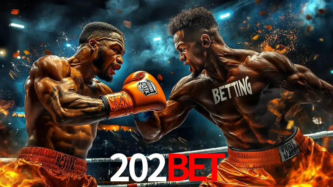 Dois boxeadores em uma luta intensa e explosiva, representando a adrenalina e as oportunidades de apostas em esportes de combate disponíveis na plataforma 202BET.
