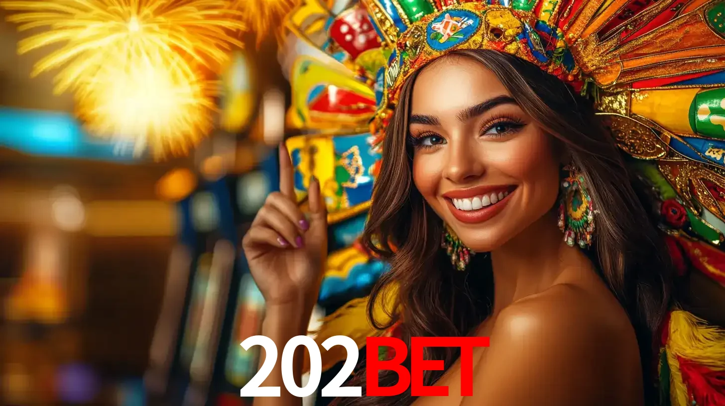 Mulher sorridente com um cocar de carnaval vibrante e colorido, celebrando uma grande vitória nos jogos do cassino 202BET com fogos de artifício ao fundo.