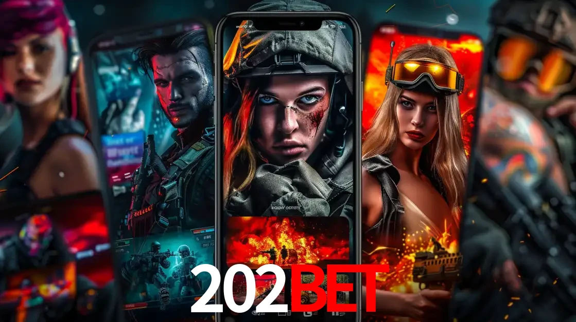 Montagem de telas de celular mostrando diversos personagens, masculinos e femininos, de um jogo de tiro, ilustrando a diversidade de equipes de e-sports para apostar no 202BET.
