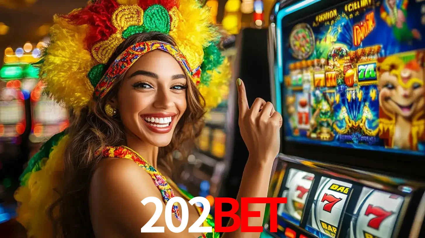 Mulher animada com um cocar de carnaval apontando para uma máquina de caça-níqueis, mostrando a emoção de ganhar um grande prêmio nos jogos do 202BET.