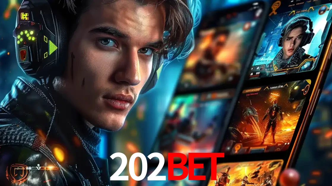 Jovem jogador com fones de ouvido olhando para a câmera, com um aplicativo de jogos e e-sports para celular ao fundo, pronto para a competição e apostas no 202BET.