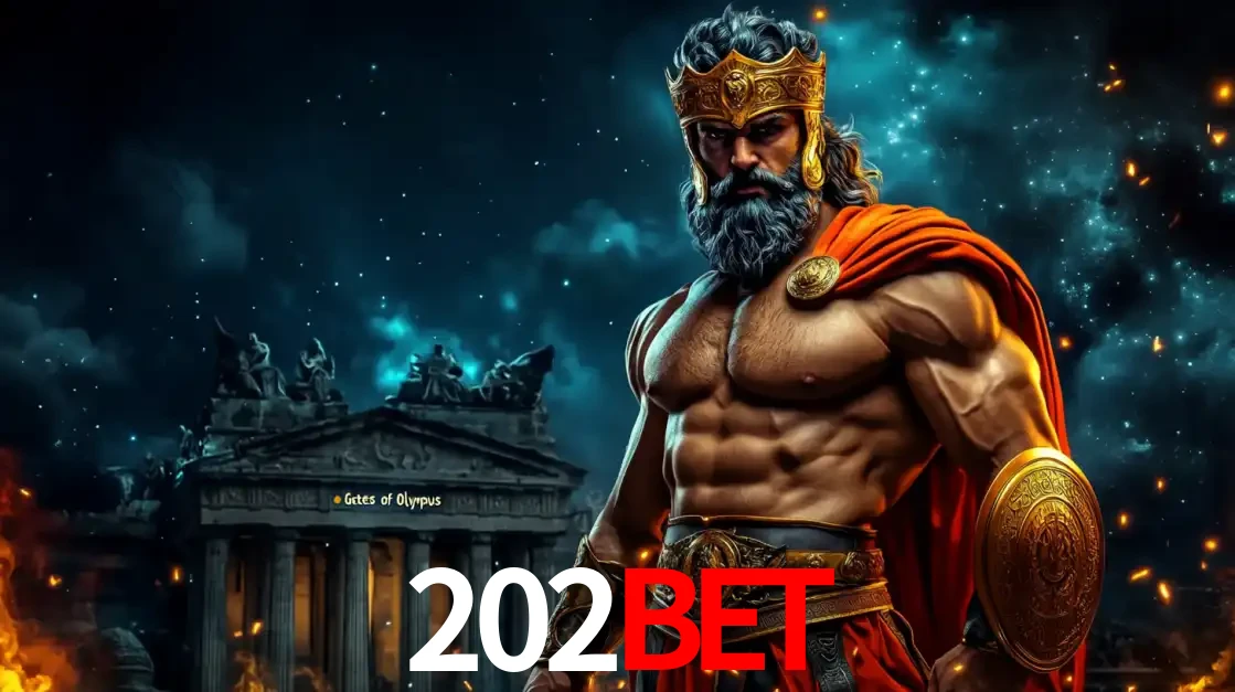 O poderoso Zeus do jogo de slot Gates of Olympus em frente ao seu templo, pronto para lançar multiplicadores divinos e prêmios épicos no cassino online 202BET.