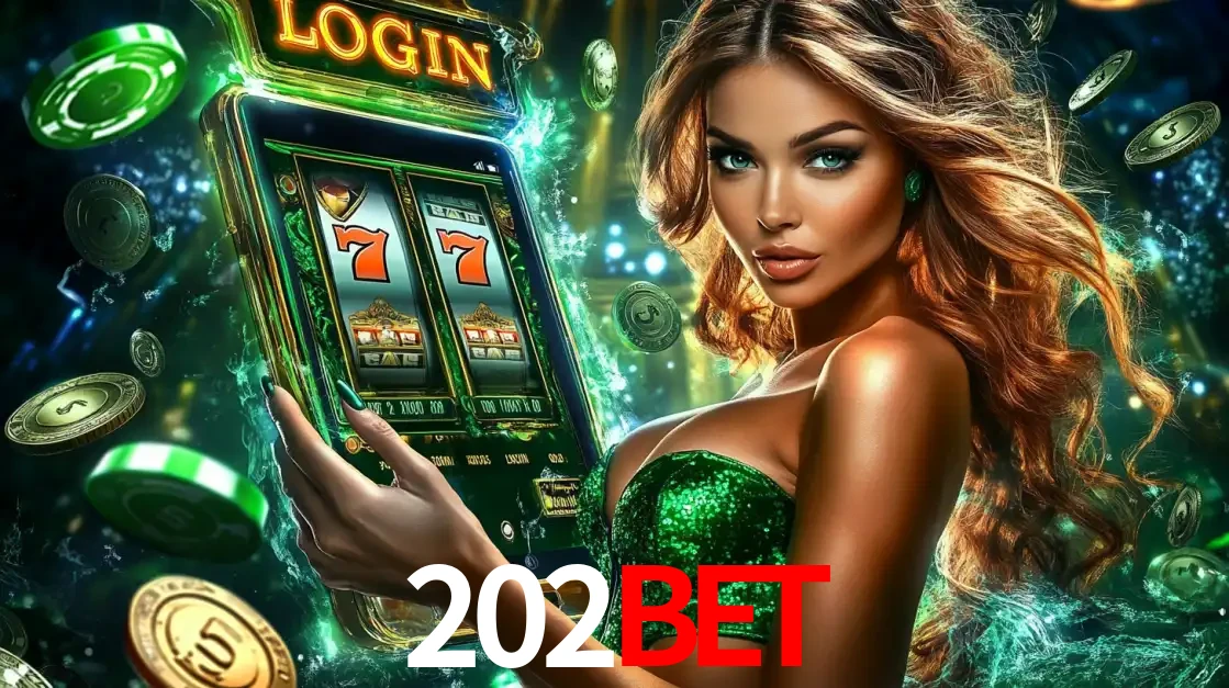 Mulher com tema verde apresentando o aplicativo do cassino 202BET com um jogo de slot de 777, cercada por fichas de cassino e uma aura de sorte.