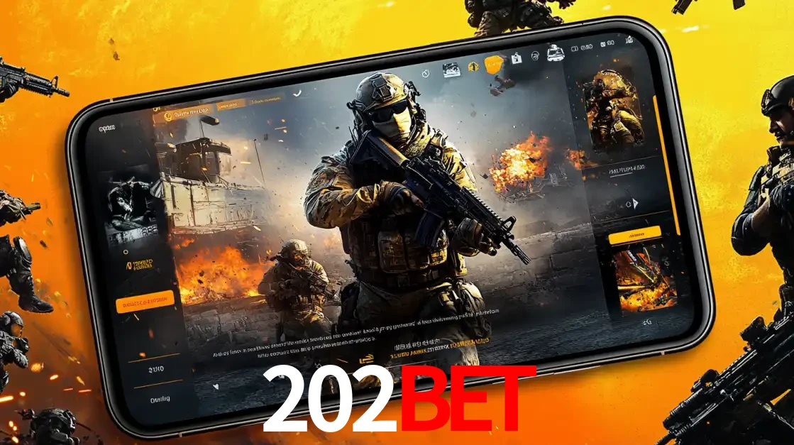 Um smartphone exibindo a interface de um jogo de tiro em primeira pessoa, com um soldado em um cenário de batalha, representando a ação dos e-sports para apostar no 202BET.