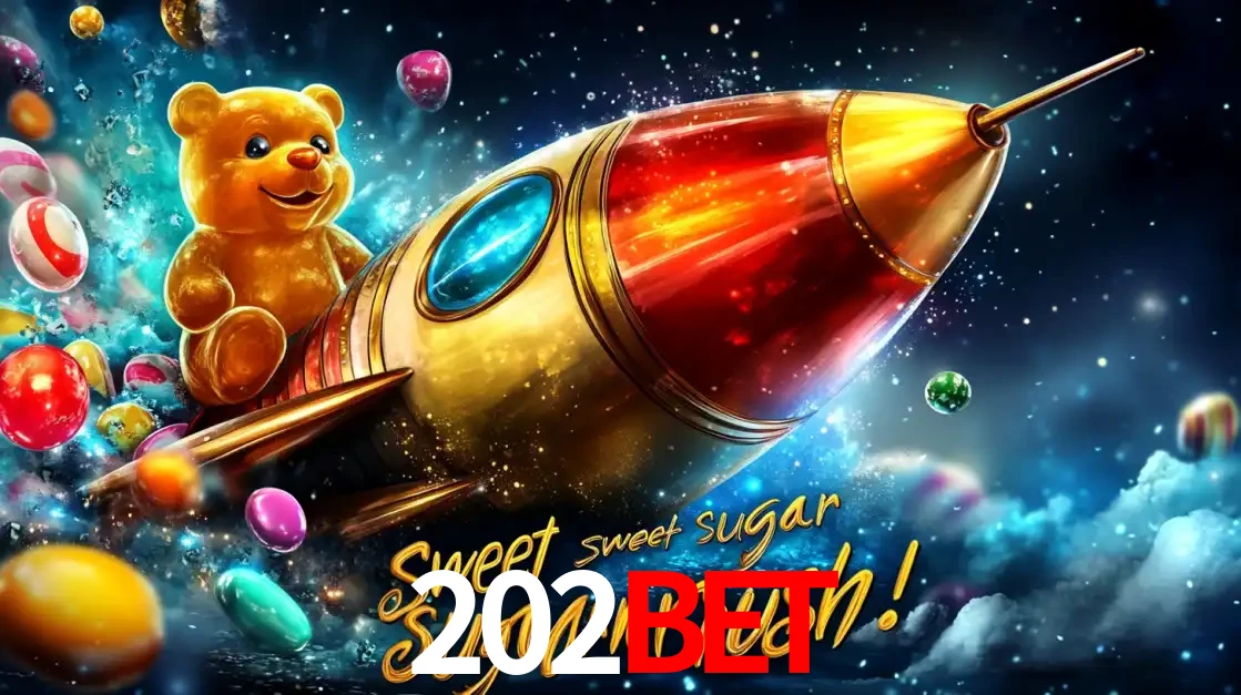 Arte promocional do jogo de slot Sugar Rush, com um urso de pelúcia em um foguete viajando pelo espaço de doces, um dos jogos divertidos disponíveis no cassino 202BET.