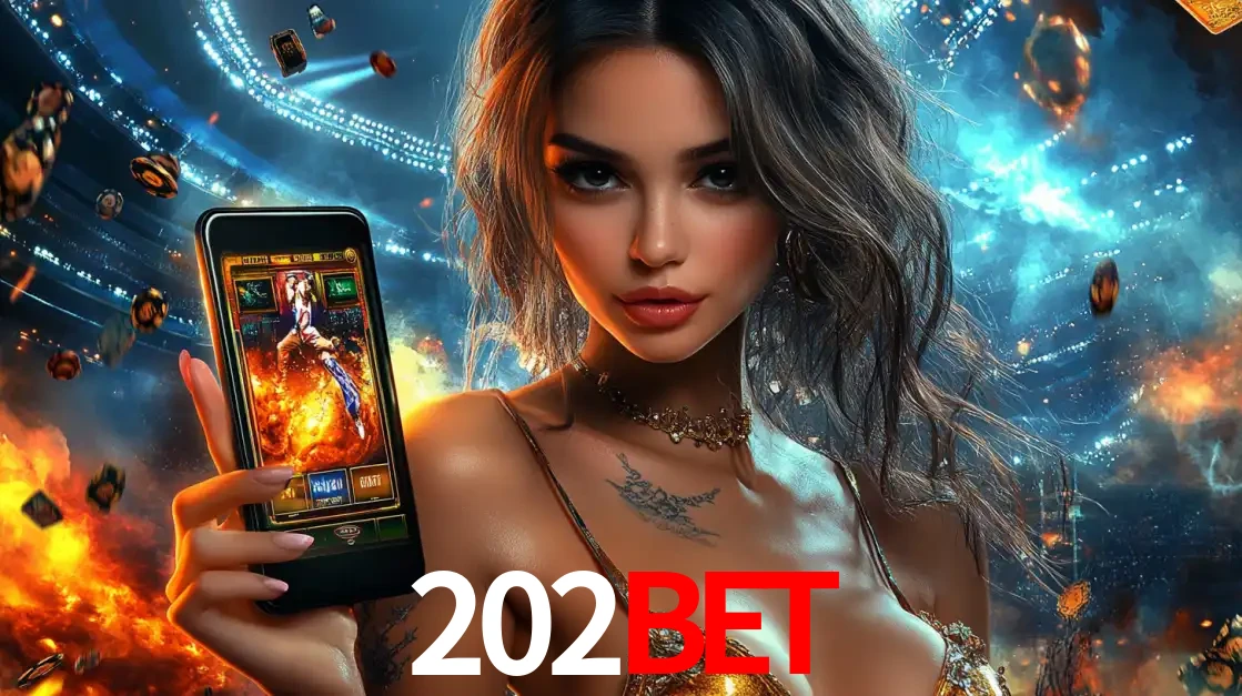 Mulher segurando um celular com um jogo de slot em destaque, tendo como fundo um estádio vibrante, simbolizando a emoção de jogar no cassino móvel 202BET.