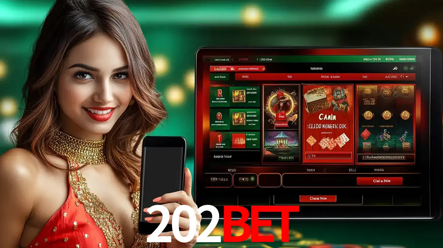 Mulher sorridente segurando um smartphone, ao lado de uma tela exibindo o lobby de jogos do cassino online 202BET, com várias opções de jogos de cartas e slots.